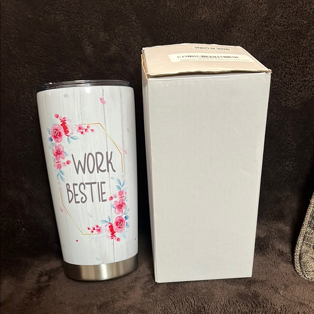 Work Bestie Floral Stainless Tumbler - White with Pink Flowers